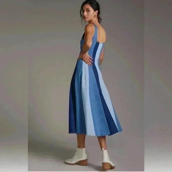 Farm Rio Anthropologie Midi Dress XS 0 2 Colorblock Denim Stripe Chambray $278 - Picture 2 of 10